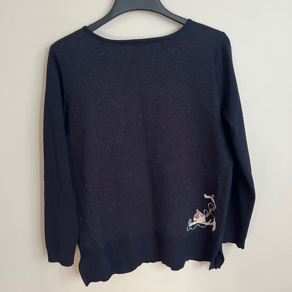 Astrologie Women Navy Blue Cat Yarn Intarsia Knit Long Sleeve Sweater M Cat Lady - Picture 7 of 7